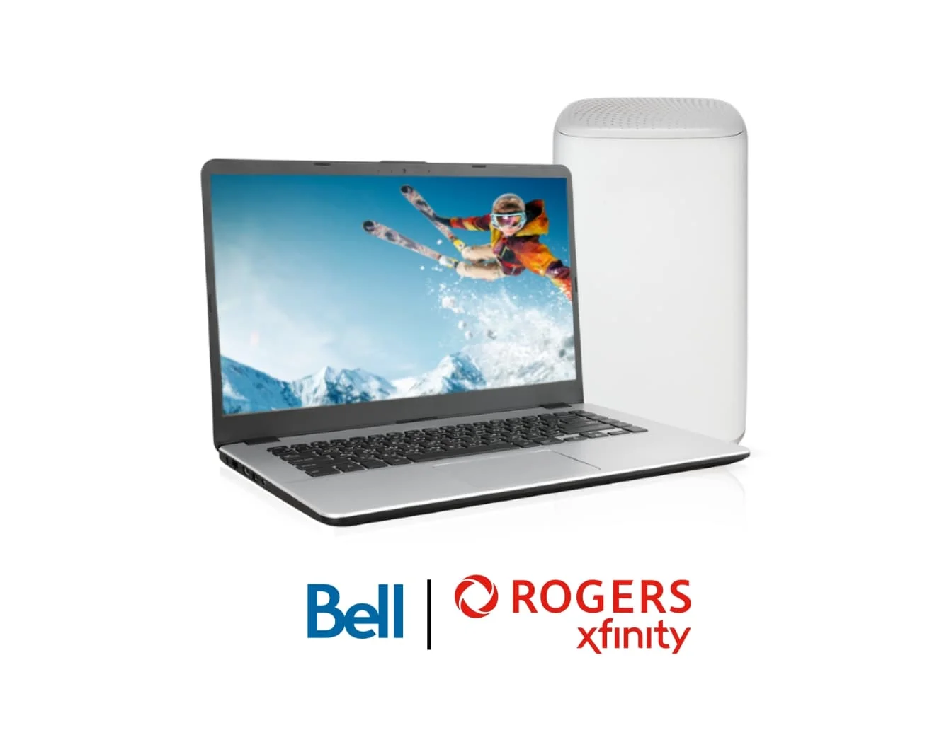 A laptop screen in front of an internet modem displays a skier doing a flip, beside an Olympic flame, above Rogers XFinity internet and Bell logo on a white background.